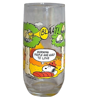 Peanuts Gang Collectibles - McDonald's Camp Snoopy Glass - Morning People Are Hard To Love