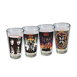 Rock and Roll Collectibles - KISS Set of 4 Pint Glasses - Destroyer, Rock and Roll Over, Love Gun, Dynasty
