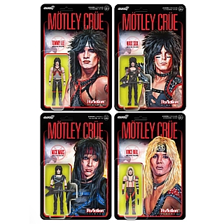 1980's Hard Rock Metal Music Collectibles - Motley Crue Shout at the Devil ReAction Figures Set of 4 Nikkie Sixx, Tommy Lee, Mick Mars, Vince Neil