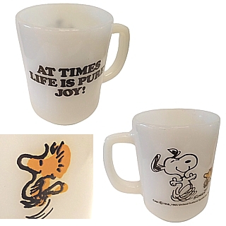 Snoopy and Peanuts Collectibles - Snoopy Anchor Hocking Fire King Milk Glass Mug At Times Life Is Pure Joy