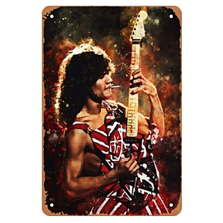 Rock and Roll Collectibles - Eddie Van Halen Metal Tin Sign with Red, White and Black Striped Guitar Ripping a Solo